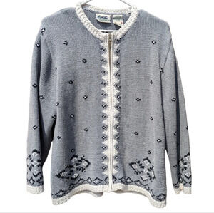 Vintage Northern Reflections Knit Cardigan Zip Up Sweater Grey White Black Small
